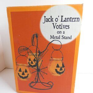 Jack o' Lantern Votives Black Metal Stand 3 Glass Pumpkins Box Halloween Decor